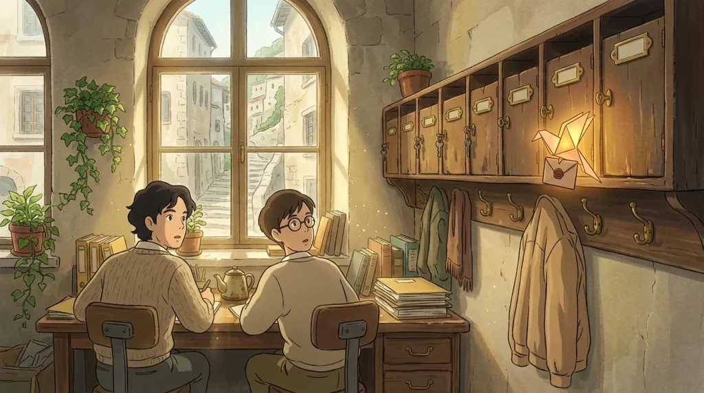 Illustrazione in stile Ghibli: in un ufficio di paese due colleghi guardano un uccellino di carta luminoso con una lettera, posato sull'ultima casella della posta accanto a una giacca appesa