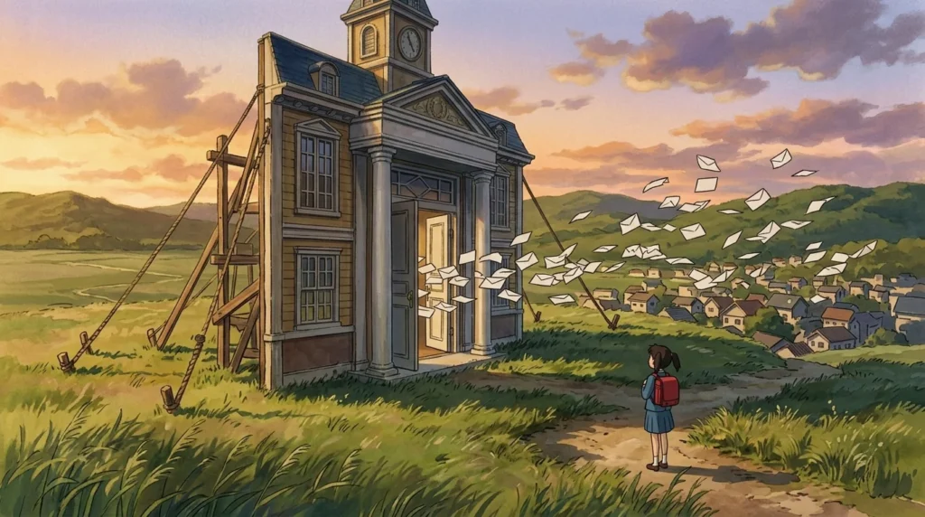 Illustrazione in stile anime: la facciata di un elegante istituto in mezzo ai campi, tenuta in piedi da pali di legno e funi come un set cinematografico, da cui escono buste bianche che volano verso un paese; una bambina con lo zaino la guarda di spalle