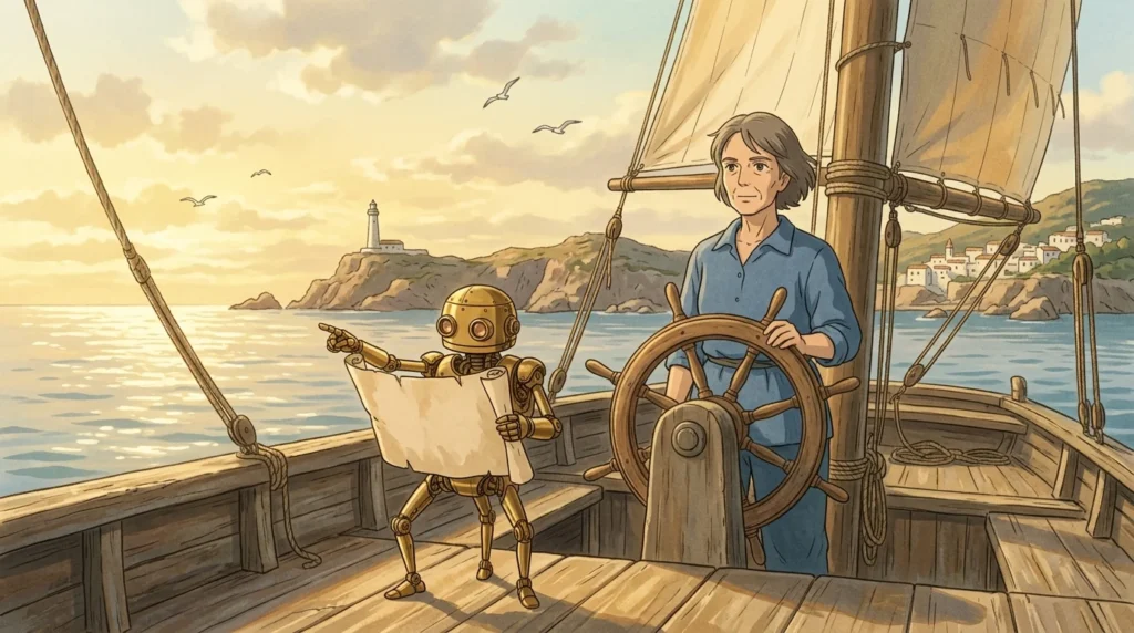 Illustrazione in stile Ghibli: una capitana al timone di una barca a vela decide la rotta, mentre un piccolo robot di ottone le indica la costa su una mappa