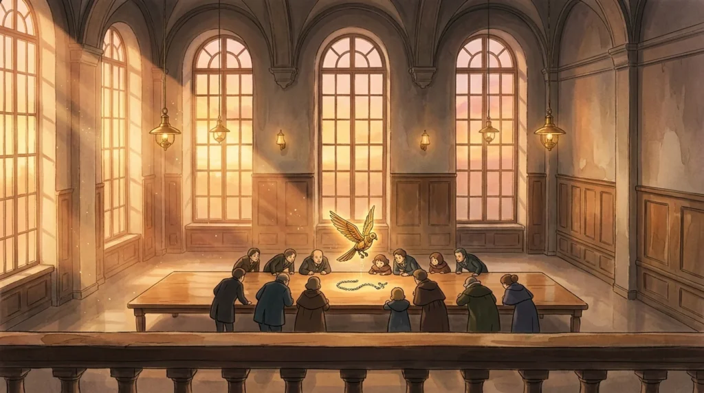 Illustrazione in stile Ghibli: in una grande sala europea al tramonto un gruppo di persone si china su un tavolo dove un uccellino meccanico dorato si è liberato dalla sua catena