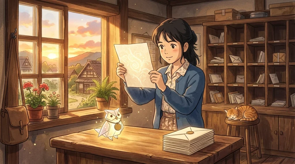 Illustrazione in stile Ghibli: in un ufficio postale di paese al tramonto, un'impiegata guarda in controluce un foglio con una filigrana luminosa, mentre sul bancone uno spiritello di carta a forma di gufo, con un piccolo distintivo, aspetta accanto a una pila di buste