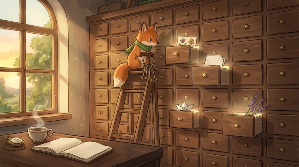 Una piccola volpe con la sciarpa verde, in cima a una scala di legno, tiene un mazzo di chiavi davanti a un archivio di cassetti che custodiscono ricordi, illustrazione in stile Ghibli