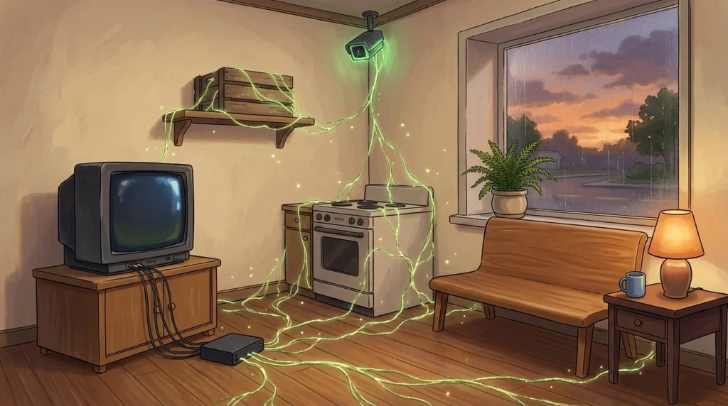 Illustrazione in stile Ghibli: una sala d'attesa al tramonto dove fili di luce verde partono da una scatoletta sotto il televisore e raggiungono forno, telecamera e scaffale, come una muffa luminosa