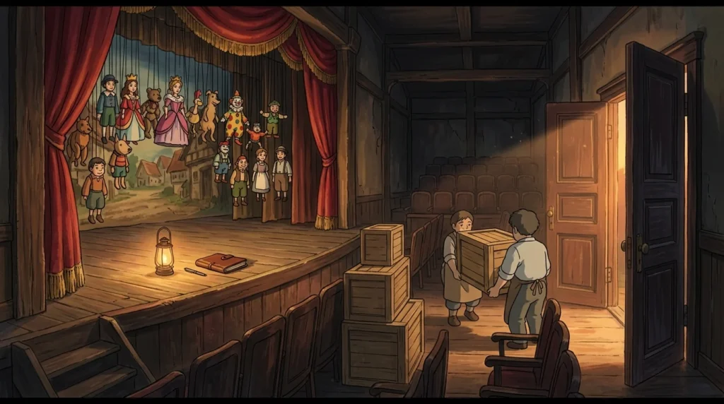 Un vecchio teatro di marionette al tramonto: i personaggi appesi ai fili sul palco vuoto e due facchini che portano via casse di legno, in stile illustrazione Ghibli