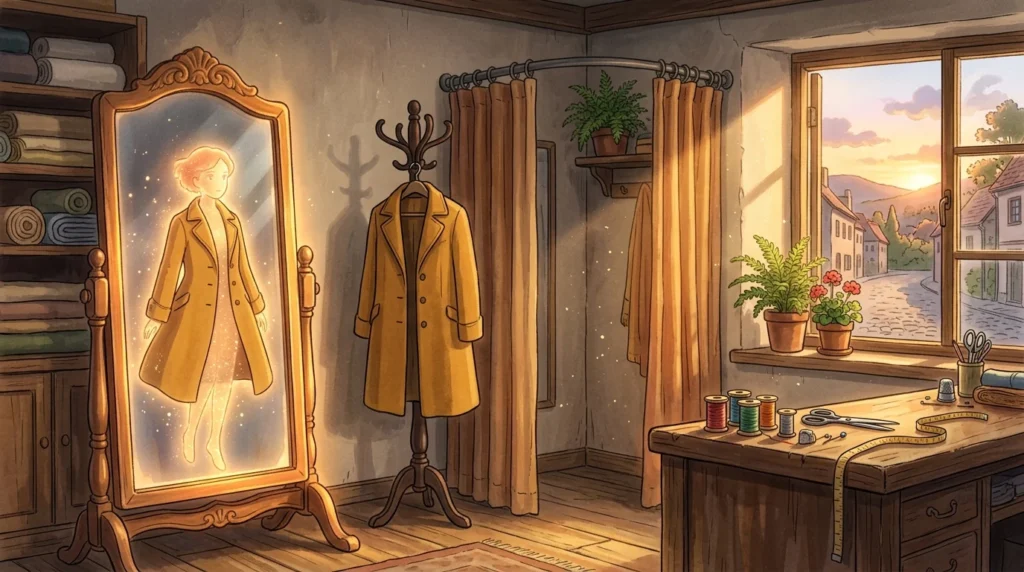 Illustrazione in stile Ghibli: in una sartoria al tramonto uno specchio antico mostra una figura di luce che indossa il cappotto senape appeso lì accanto