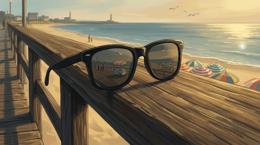Occhiali da sole scuri appoggiati sulla ringhiera di legno di un lungomare al tramonto, con le persone a passeggio riflesse nelle lenti, illustrazione in stile Ghibli