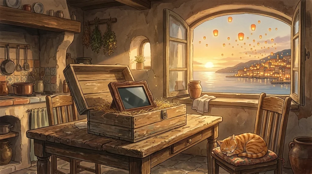 Cucina mediterranea al tramonto: su un tavolo di legno uno schermo spento dentro una cassa, mentre oltre il mare una città lontana si illumina di lanterne