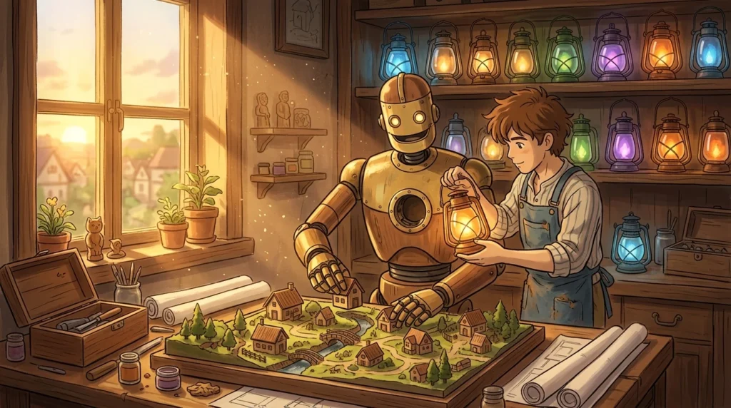 Illustrazione in stile anime: in una bottega al tramonto un automa di legno e ottone costruisce un plastico di villaggio, mentre un giovane artigiano sceglie quale lanterna colorata inserirgli nel petto