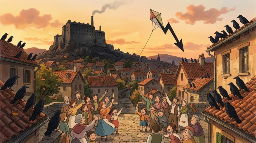 Illustrazione: una folla festeggia un aquilone a forma di grafico in picchiata mentre i corvi restano sui tetti