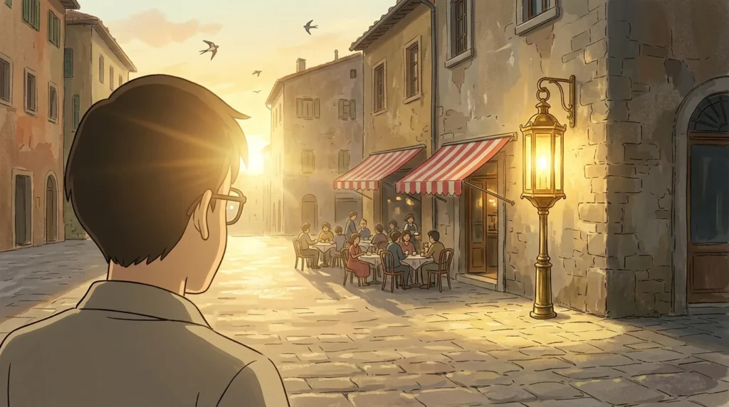 Illustrazione: una persona con gli occhiali di spalle in una piazza al tramonto, la piccola luce degli occhiali si perde nel sole mentre una grande lanterna illumina il caffè
