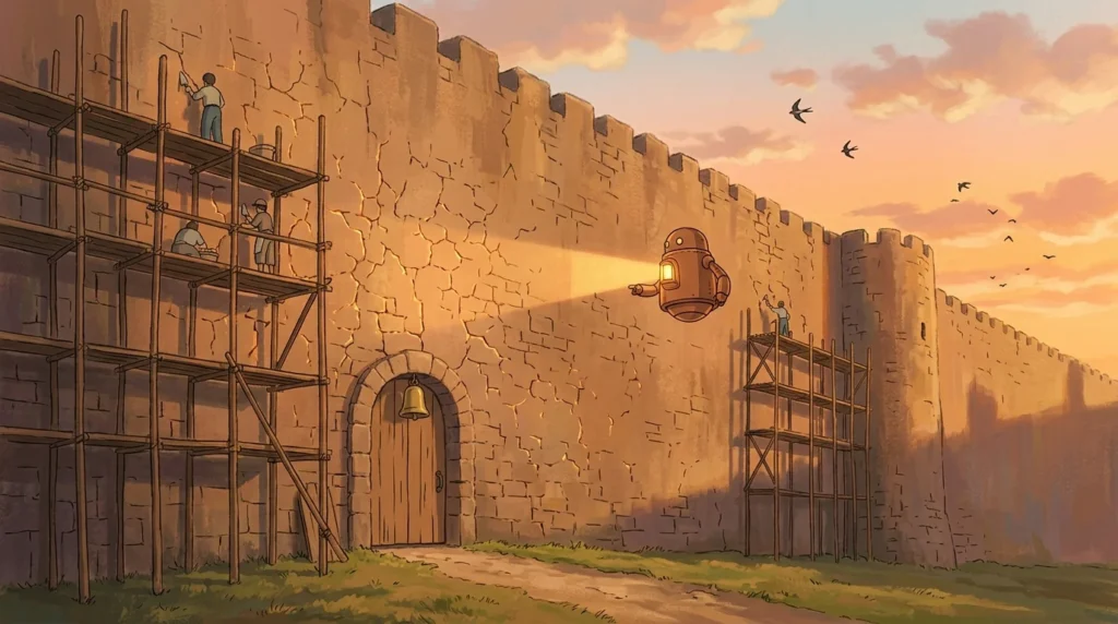 Illustrazione: operai su un'impalcatura chiudono le crepe di un grande muro di pietra al tramonto, mentre un piccolo robot con una lanterna le illumina per trovarle