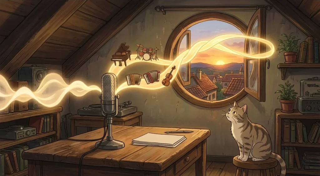 Illustrazione in stile anime: un microfono d'epoca in una soffitta al tramonto, da cui salgono un'onda di voce e un nastro di strumenti musicali intrecciati, mentre un gatto guarda