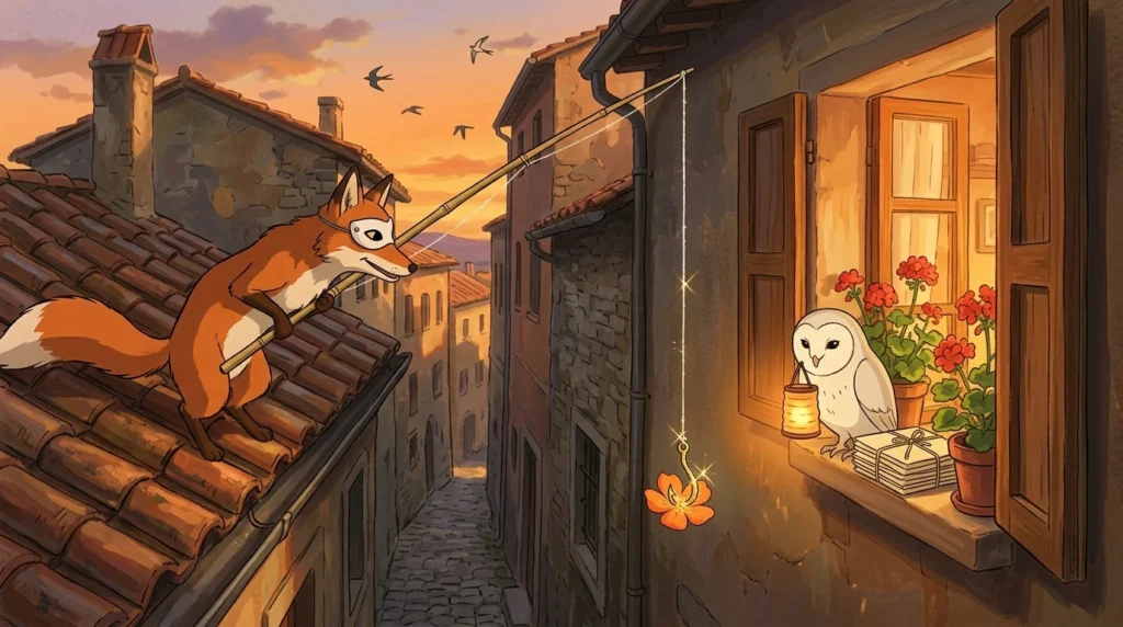 Illustrazione: una volpe mascherata su un tetto pesca con un amo nascosto in un fiore, mentre una civetta con una lanterna sul davanzale lo illumina