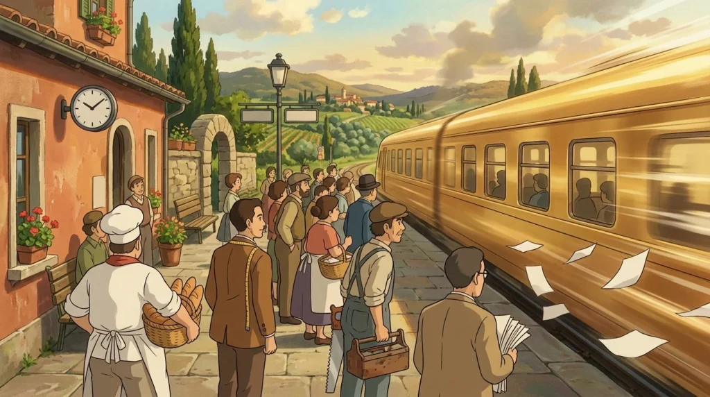 Illustrazione in stile Ghibli: artigiani e negozianti aspettano sul binario di una piccola stazione di campagna mentre passa veloce un treno dorato quasi vuoto