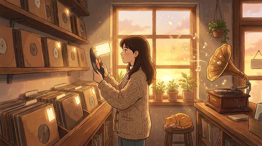 Illustrazione in stile Ghibli: in un vecchio negozio di dischi una ragazza osserva controluce un vinile con un cartellino bianco, mentre un grammofono suona e un gatto dorme