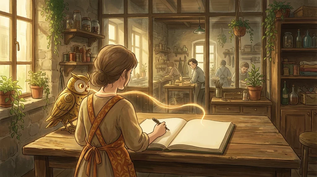 Illustrazione in stile Ghibli: in una bottega artigiana la titolare sta per scrivere su un registro aperto mentre una civetta meccanica d'ottone le sussurra un suggerimento; dietro una vetrata i collaboratori lavorano e uno si volta a guardare