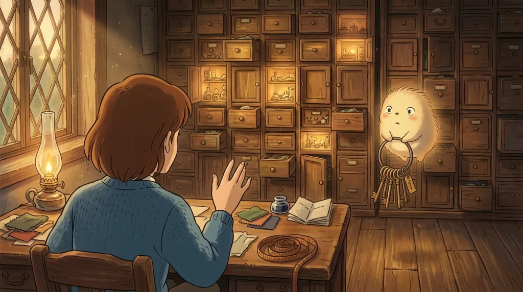 Illustrazione in stile anime: una persona di spalle alla scrivania alza la mano davanti a un piccolo spirito luminoso che tiene un mazzo di chiavi accanto a una parete di cassetti aperti
