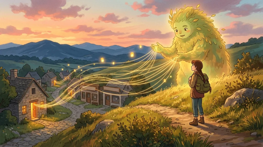 Illustrazione in stile Ghibli: uno spirito del bosco fatto di foglie risponde a una viaggiatrice su una collina e da lui partono fili di luce verso le porte delle botteghe del villaggio