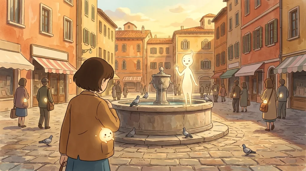 Illustrazione in stile Ghibli: una piazza italiana al tramonto, dalle tasche dei passanti spuntano piccoli spiriti luminosi mentre uno spirito più alto saluta dal bordo della fontana