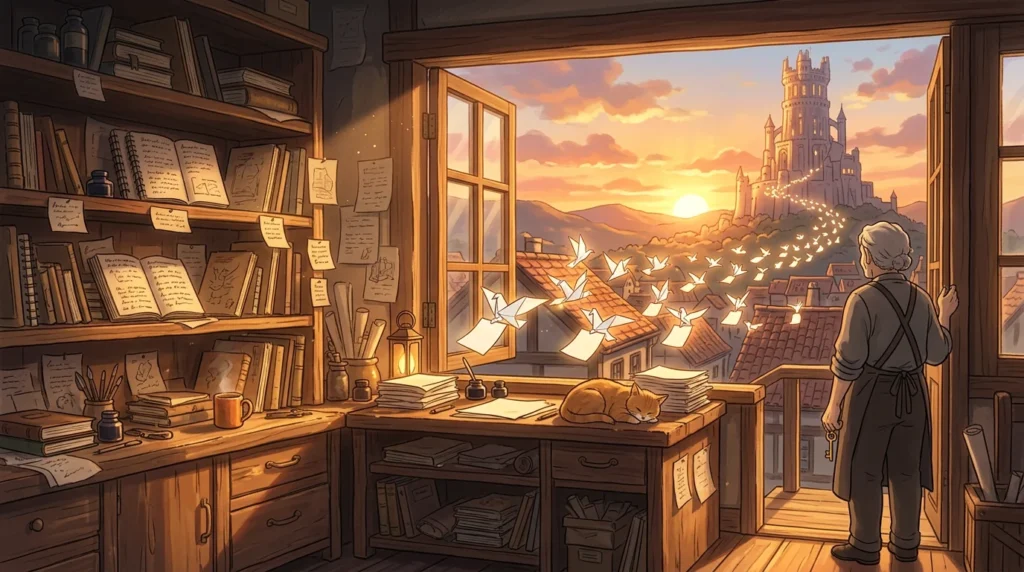 Illustrazione in stile Ghibli: una bottega al tramonto, uccellini di carta entrano dalla finestra e portano via i fogli dagli scaffali verso un castello lontano, mentre il bottegaio li guarda dalla porta con una chiave in mano