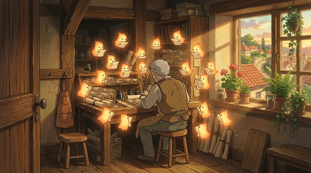 Illustrazione in stile anime: un artigiano anziano alla scrivania circondato da piccoli spiriti di carta luminosi che gli porgono messaggi, accanto alla porta uno sgabello vuoto con un grembiule appeso