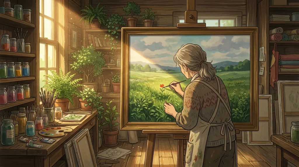 Illustrazione in stile Ghibli: una restauratrice in un atelier pieno di piante ritocca con un pennello sottile un solo fiore rosso in un grande quadro di prato, mentre il resto della tela resta intatto