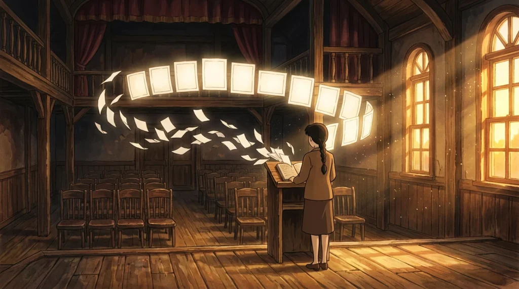 Illustrazione: in un piccolo teatro di legno al tramonto una persona, vista di spalle, sta al leggio davanti alle sedie vuote, mentre dal suo quaderno volano fogli bianchi che si mettono in fila come slide luminose