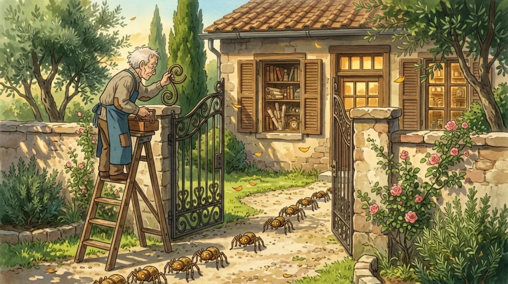 Illustrazione: un artigiano su una scala toglie un ricciolo di ferro dal cancello aperto mentre piccoli ragni meccanici continuano a entrare nel giardino verso una bottega piena di libri