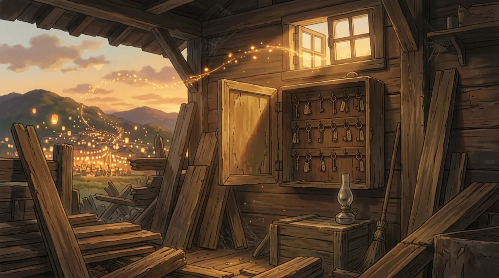 Illustrazione in stile anime: un vecchio armadietto delle chiavi aperto in un magazzino di legno da smontare, con alcuni ganci vuoti e una scia di luci che esce dalla finestra verso un paese di lanterne al tramonto