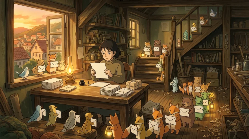 Illustrazione in stile Ghibli: in una bottega di legno al tramonto una ragazza legge un foglio alla luce di una lampada, mentre decine di animaletti di carta con lanterne aspettano in fila, ognuno con una busta per lei