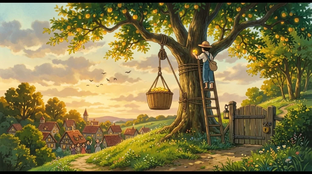 Illustrazione: un grande albero carico di frutti dorati, un giardiniere mette da parte la frutta in un cesto appeso a una carrucola, mentre dal villaggio sotto la collina la gente guarda e un cancello chiuso con il lucchetto separa l'albero dal sentiero