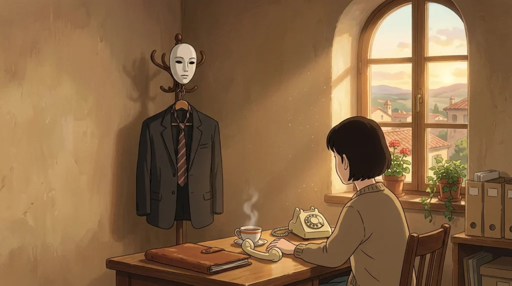 Illustrazione in stile Ghibli: un ufficio al tramonto, una giacca con cravatta e una maschera bianca appese all'attaccapanni come un costume, una impiegata alla scrivania con la cornetta del telefono staccata