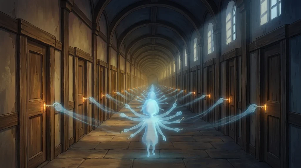 Illustrazione in stile Ghibli: un lungo corridoio di porte di legno con una figura spettrale di luce blu che prova molte serrature contemporaneamente