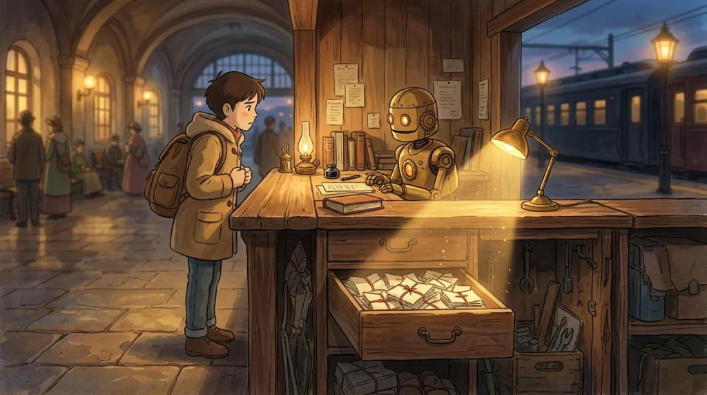 Illustrazione: allo sportello di una stazione un impiegato automa ascolta un viaggiatore, mentre sotto il bancone una lampada illumina un cassetto pieno di bigliettini nascosti
