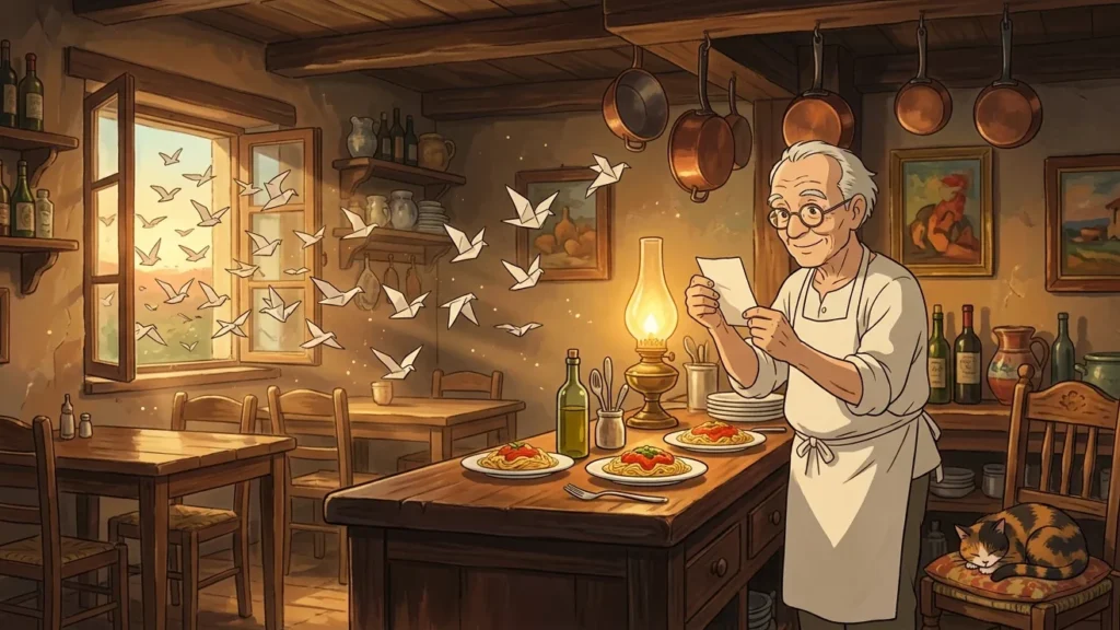 Illustrazione in stile anime: in una trattoria al tramonto un anziano oste controlla uno scontrino alla luce di una lampada, mentre dalla finestra entrano tanti uccellini di carta tutti uguali
