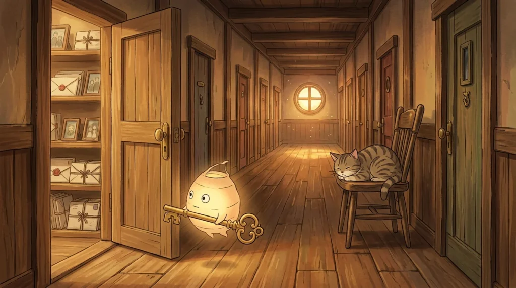 Illustrazione in stile Ghibli: in un corridoio di locanda uno spiritello luminoso porta una grande chiave dorata verso una porta aperta su lettere e foto di famiglia