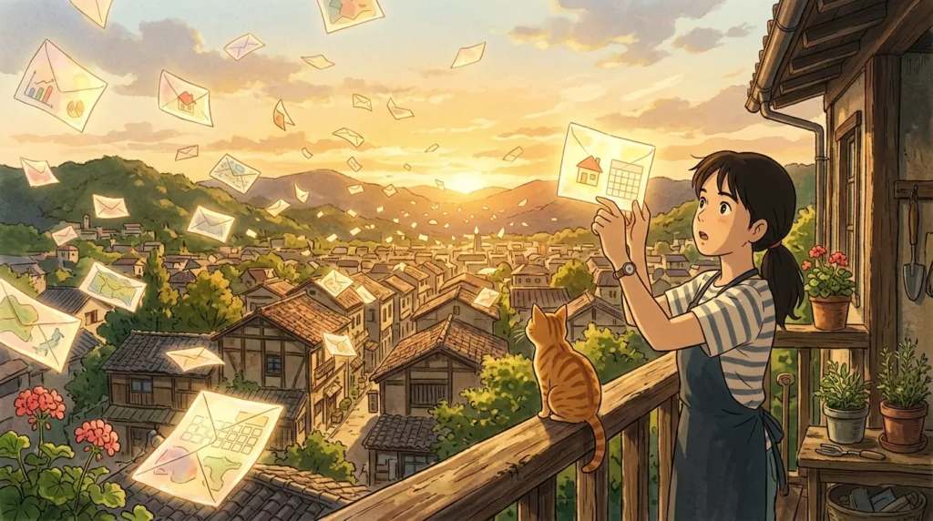 Illustrazione in stile anime: buste di carta trasparente volano sui tetti di un paese al tramonto e lasciano vedere grafici, una casa e un calendario; una ragazza su un balcone ne guarda una controluce, accanto a un gatto