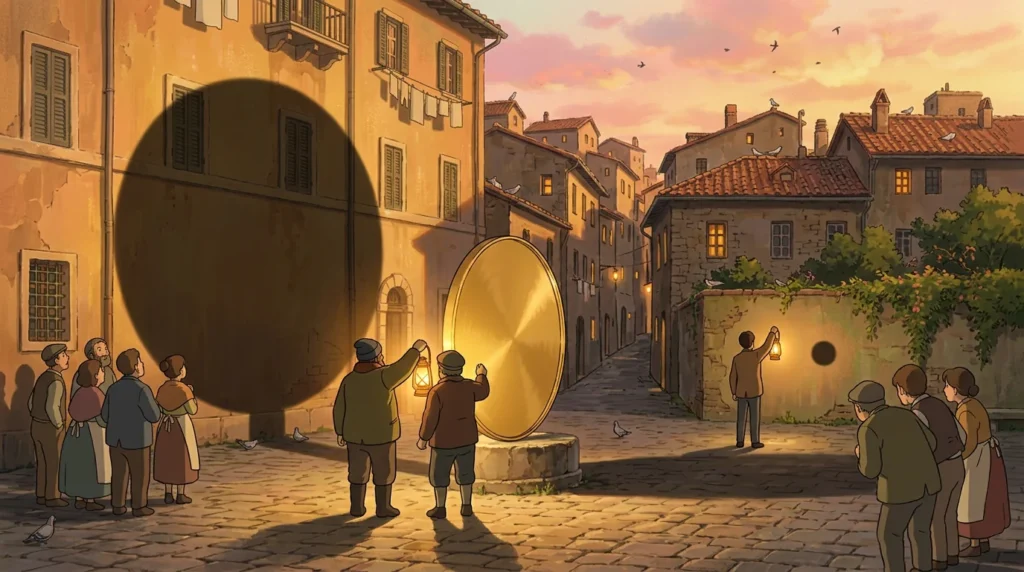 Illustrazione: in una piazza al tramonto una grande moneta d'oro proietta un'ombra enorme su un palazzo e un'ombra minuscola su un muretto, mentre due gruppi di persone guardano ciascuno la propria