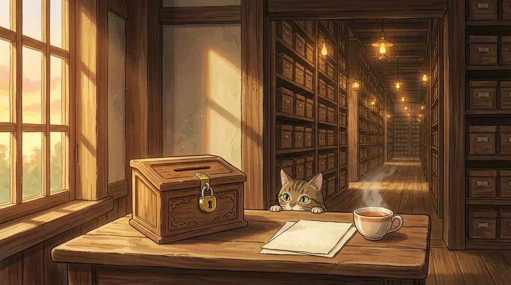 Una scatola di legno chiusa con un lucchetto d'ottone su una scrivania, un gatto che la osserva e dietro un archivio sterminato di scatole