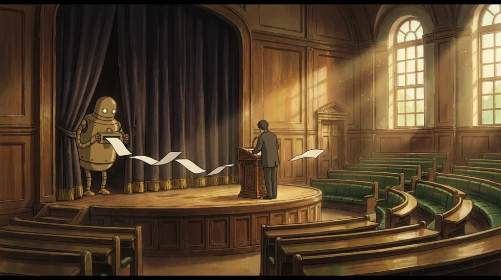 Illustrazione in stile Ghibli: un deputato di spalle al leggio di un'aula vuota, mentre un automa d'ottone dietro il sipario gli fa arrivare fogli di carta
