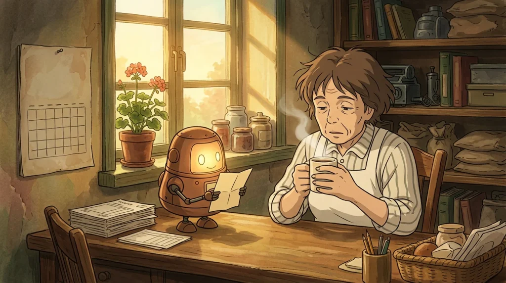 Illustrazione: all'alba, in un retrobottega, un piccolo robot con il viso luminoso porge un biglietto piegato a una titolare assonnata con la tazza di caffè in mano