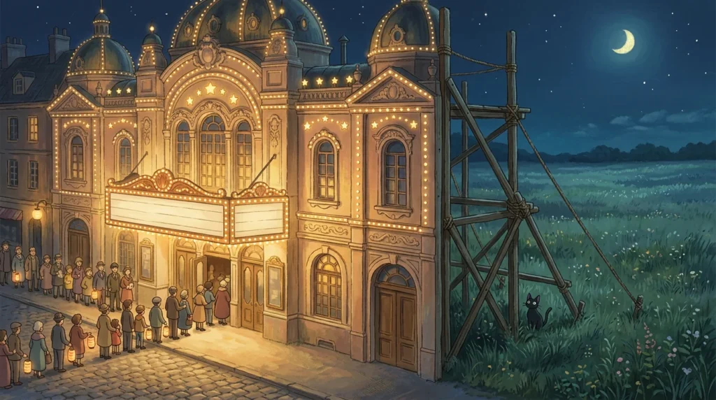 Illustrazione: la facciata luminosa di un teatro piena di stelle, con la fila di persone all'ingresso; vista di lato è solo un pannello di legno retto da impalcature, e dietro c'è un prato vuoto sotto la luna