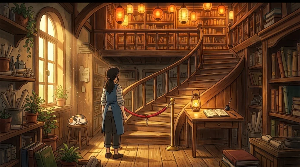 Illustrazione in stile Ghibli: una ragazza in una biblioteca guarda le grandi lanterne accese al piano di sopra, oltre un cordone rosso che chiude la scala