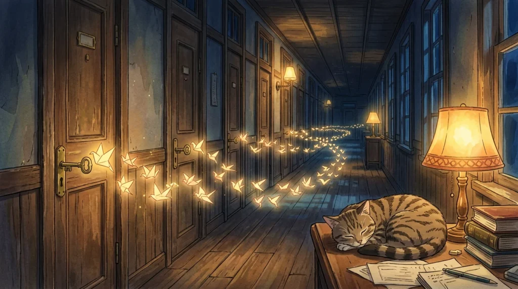 Illustrazione: un corridoio notturno di porte con le chiavi lasciate nella serratura, uccellini di carta luminosi che girano le chiavi una dopo l'altra, un gatto che dorme ignaro