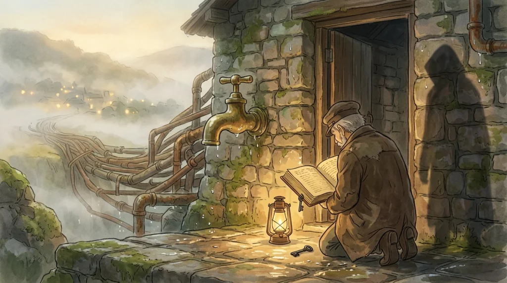 Illustrazione: un vecchio custode legge un registro accanto a un rubinetto in cui convergono decine di tubi; dal libro è caduta una chiave, e un'ombra incappucciata si allunga dalla porta