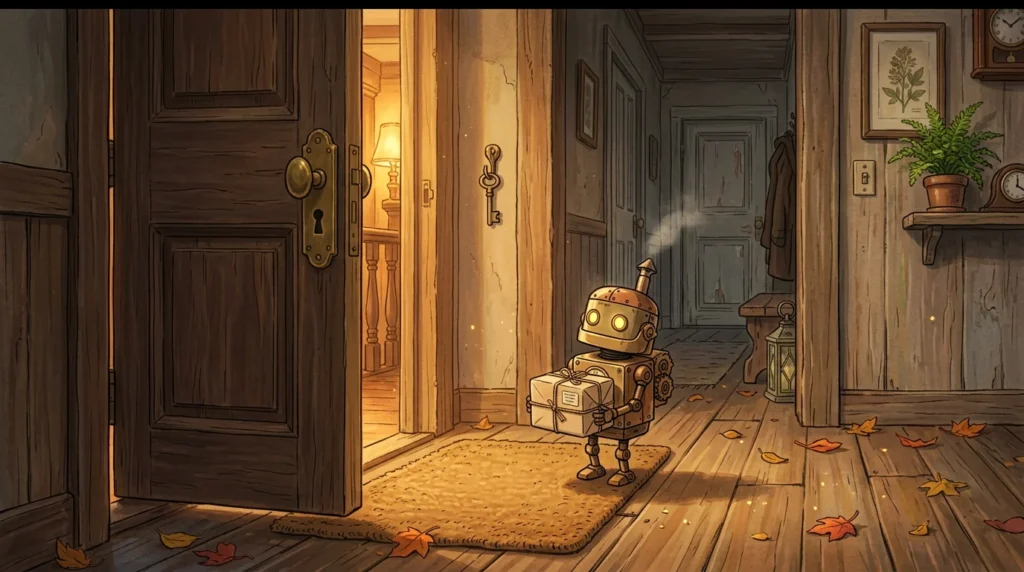 Un piccolo corriere meccanico con un pacco aspetta davanti a una porta di legno che si apre da sola; la chiave resta appesa al gancio dentro casa. Illustrazione in stile Ghibli.