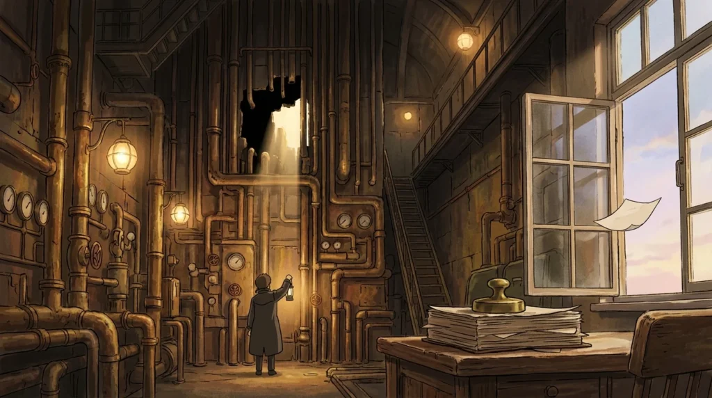 Un ispettore con la lanterna, visto di spalle, guarda un varco in una parete di tubi di ottone da cui filtra la luce; sulla scrivania una pila di fogli, uno vola fuori dalla finestra. Illustrazione in stile Ghibli.