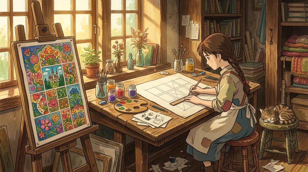 Illustrazione in stile Ghibli: una giovane disegnatrice traccia la griglia di un layout su un foglio, accanto a un poster colorato finito sul cavalletto