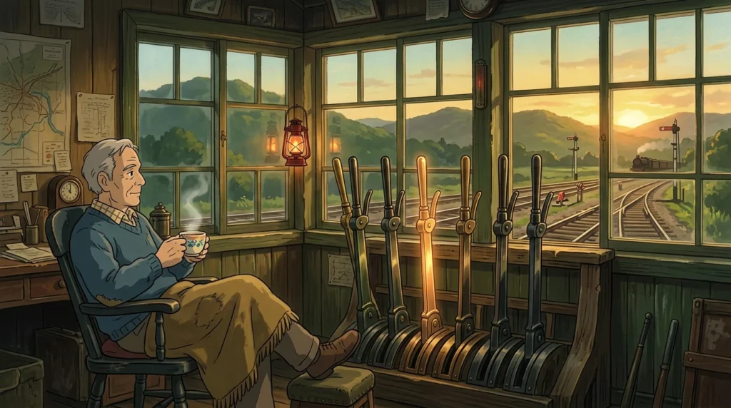 Illustrazione in stile Ghibli: una cabina di manovra ferroviaria al tramonto, le leve si muovono da sole mentre l'operatore guarda con una tazza di tè