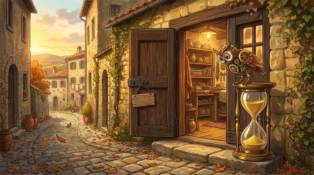 Illustrazione: la porta socchiusa di una bottega con un cartello vuoto appeso e un gufo meccanico che guarda dentro, seduto su una clessidra